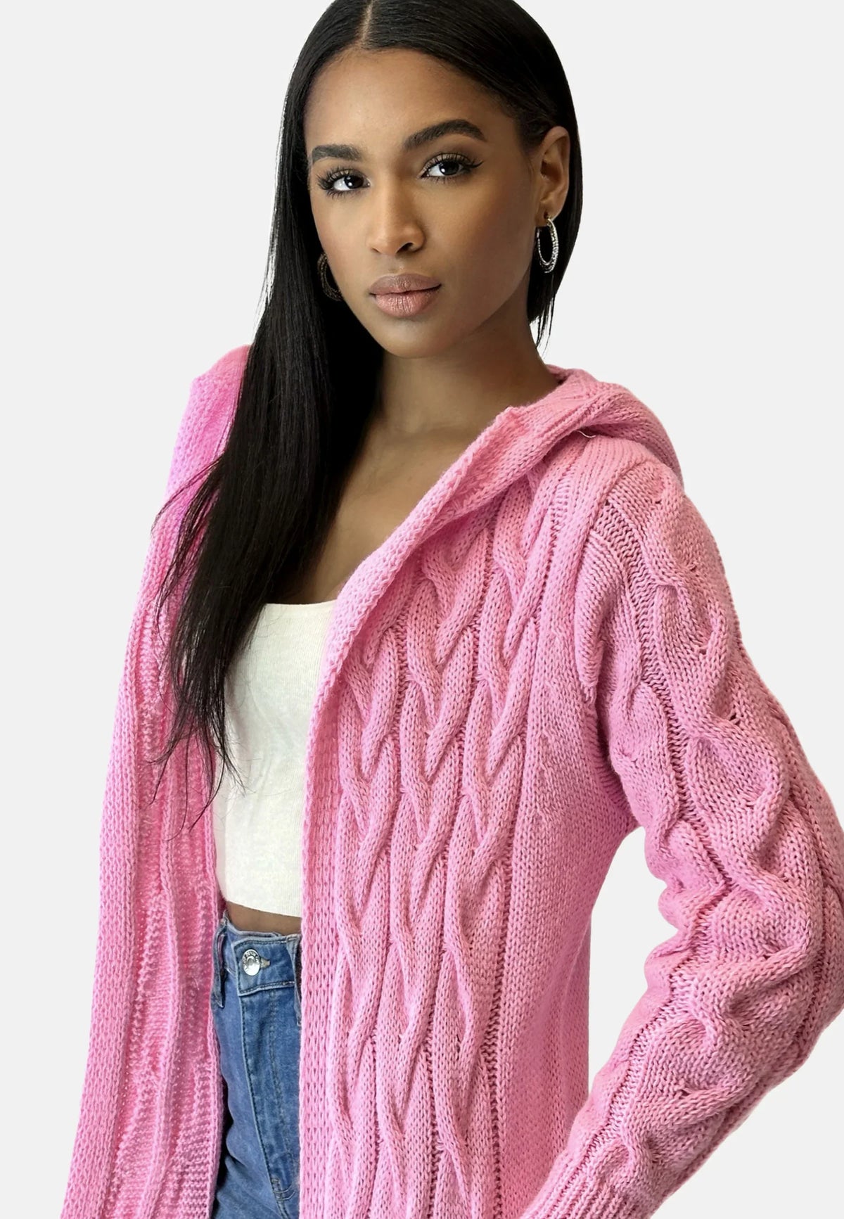 Lange Damen Strickjacke Mit Kapuze Und Struktur