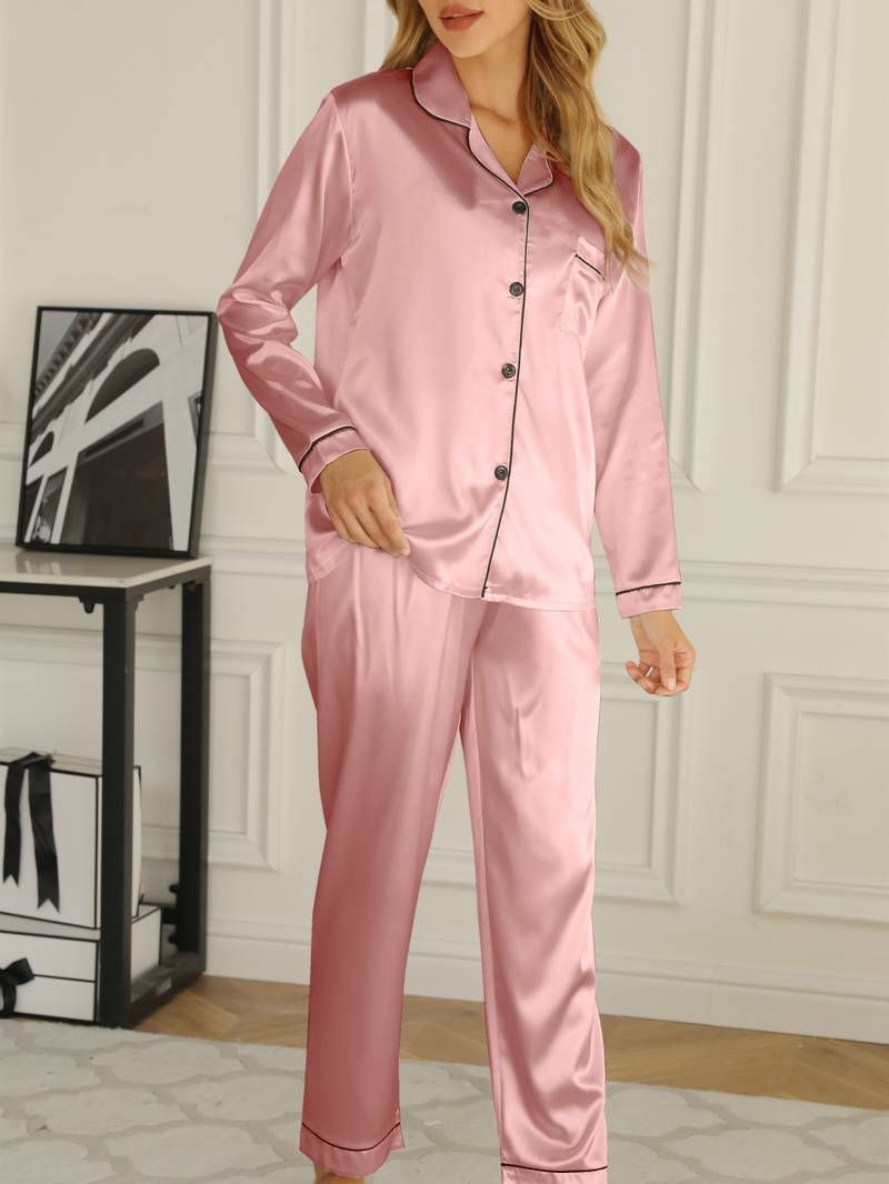 Zweiteiliges Satin Pyjama Set mit Knopfleiste und Langer Hose