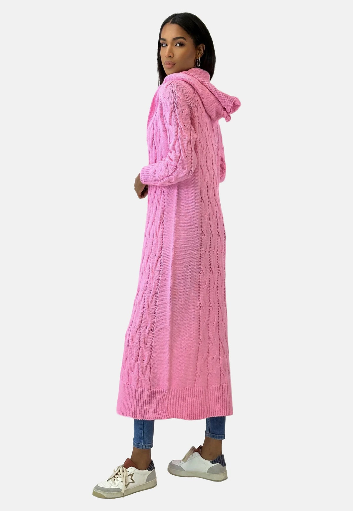 Lange Damen Strickjacke Mit Kapuze Und Struktur
