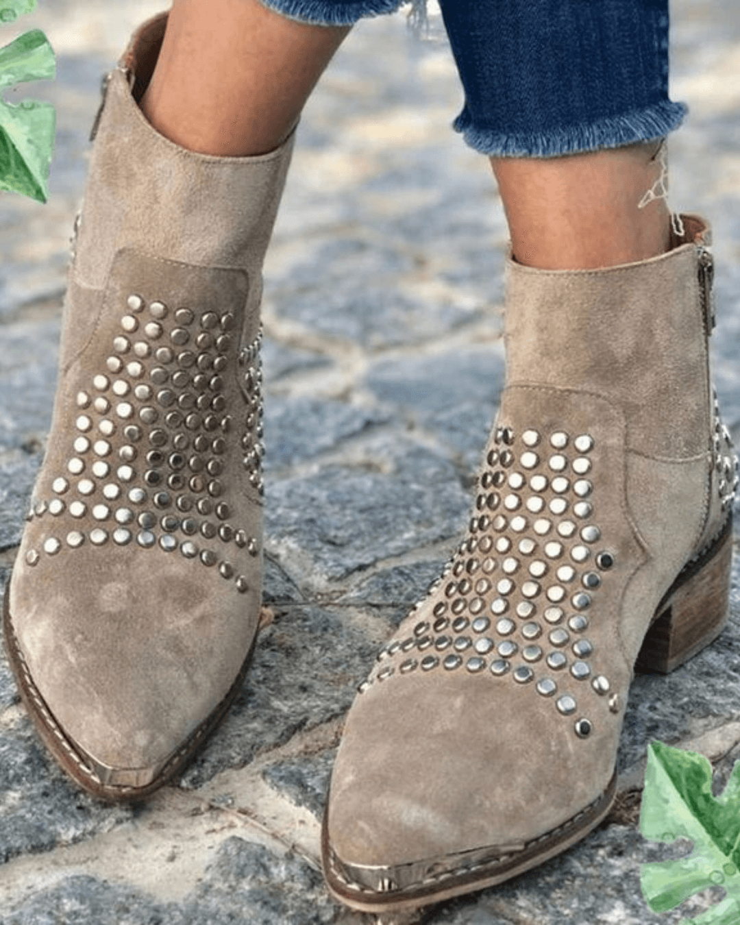 Spitze Damen Stiefeletten Mit Nieten Und Seitlichem Reißverschluss
