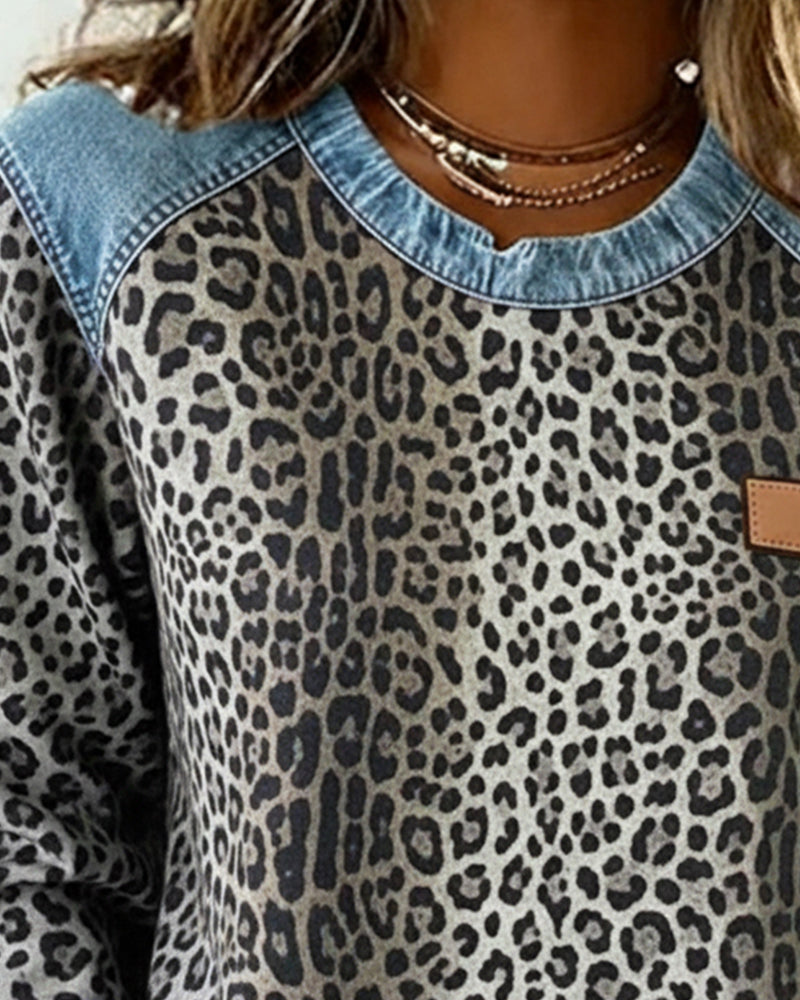 Damen Sweatshirt Mit Leopardenmuster Und Denim Patchwork