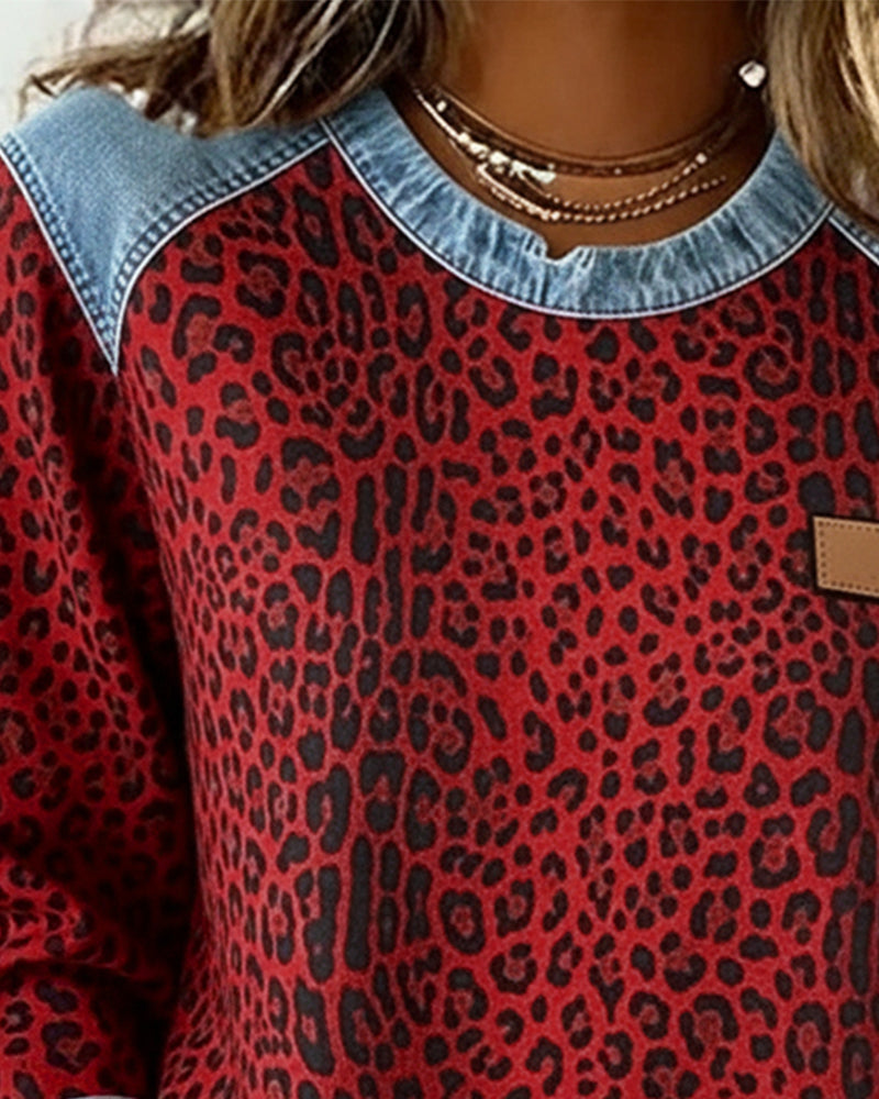 Damen Sweatshirt Mit Leopardenmuster Und Denim Patchwork