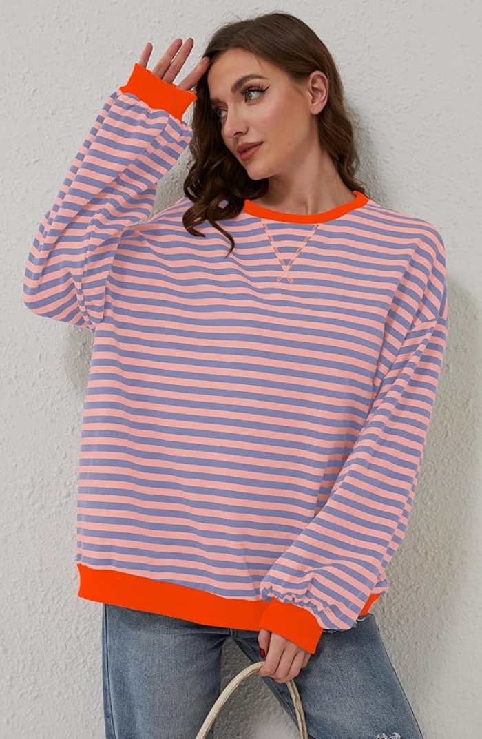 Gestreifter Oversize Damen Pullover Mit Langen Ärmeln