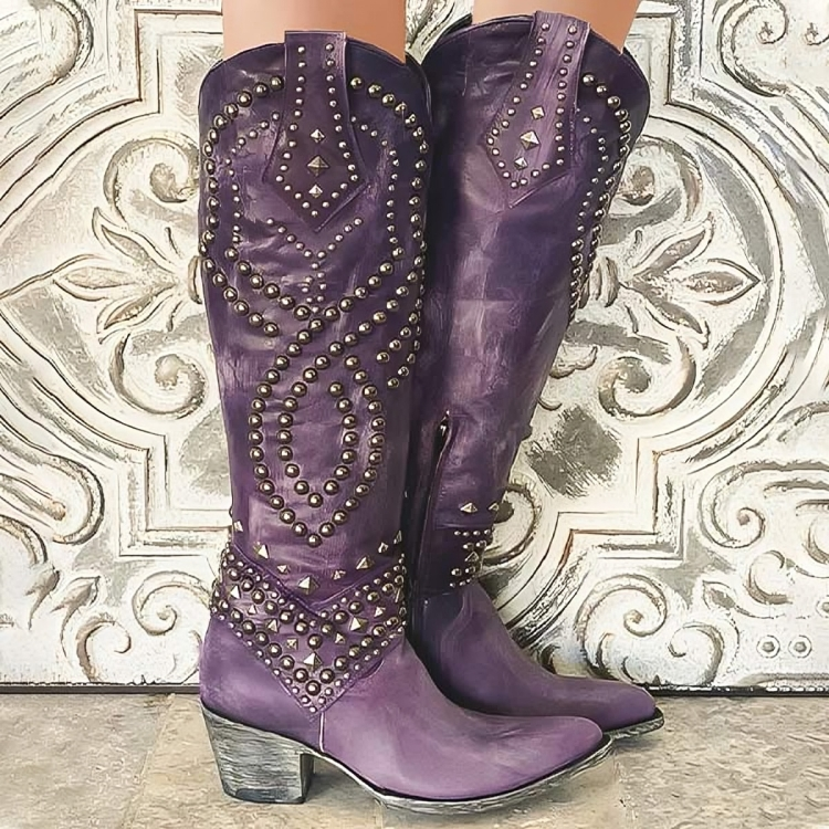 Kniehohe Damen Westernstiefel Mit Spitzer Zehe Und Nieten