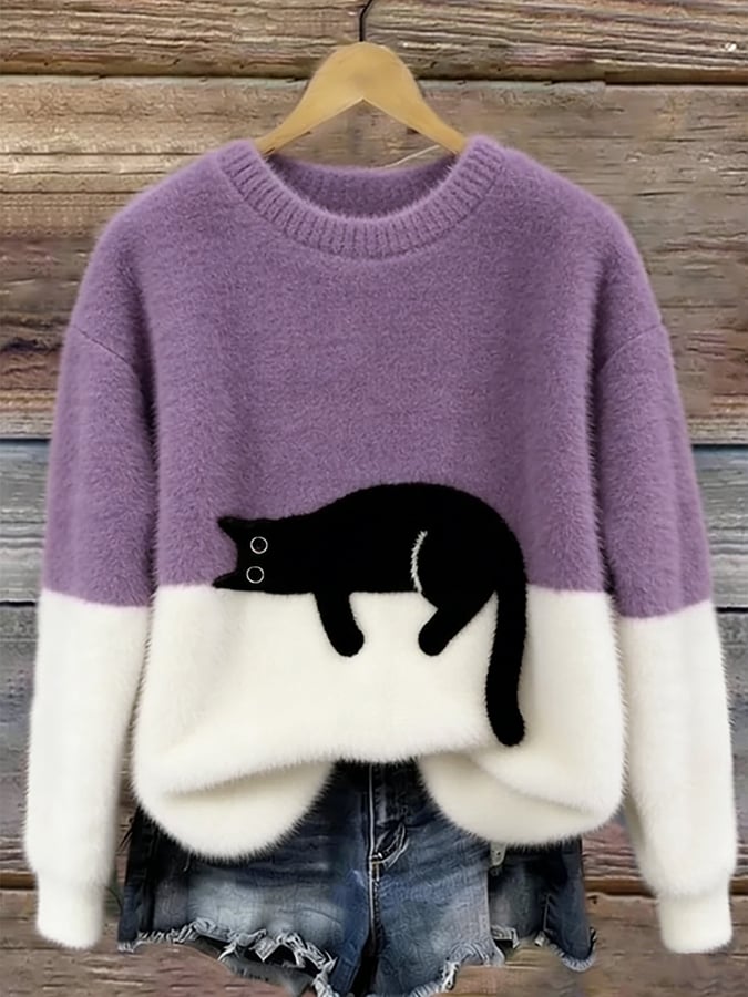 Damen Strickpullover mit Verspieltem Katzenmotiv