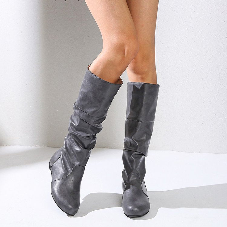 Damen Plissee Stiefel mit Blockabsatz