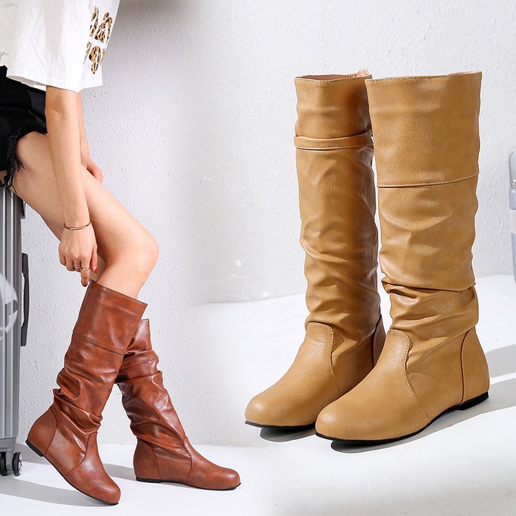 Damen Plissee Stiefel mit Blockabsatz