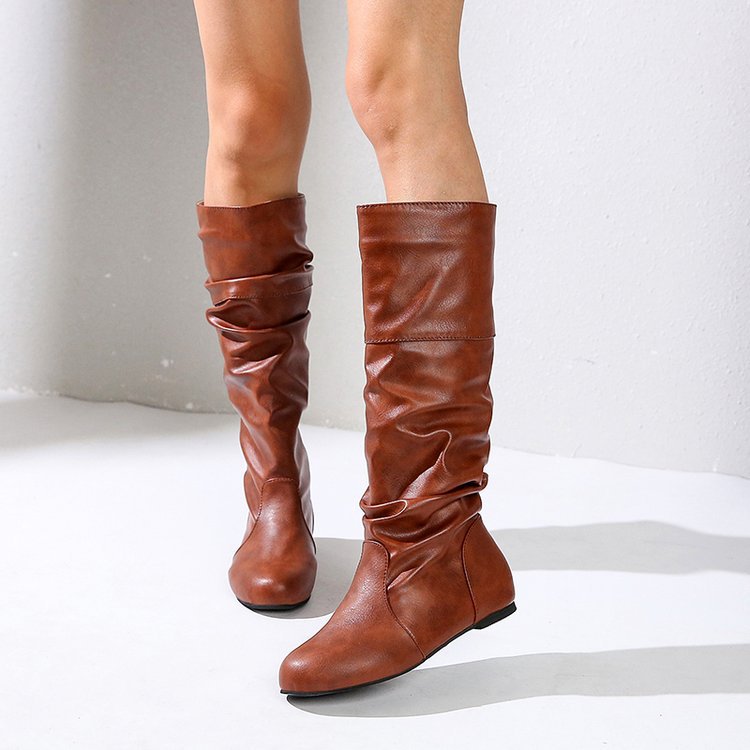 Damen Plissee Stiefel mit Blockabsatz