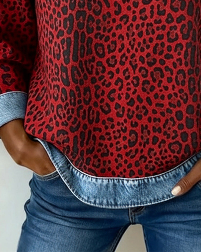Damen Sweatshirt Mit Leopardenmuster Und Denim Patchwork