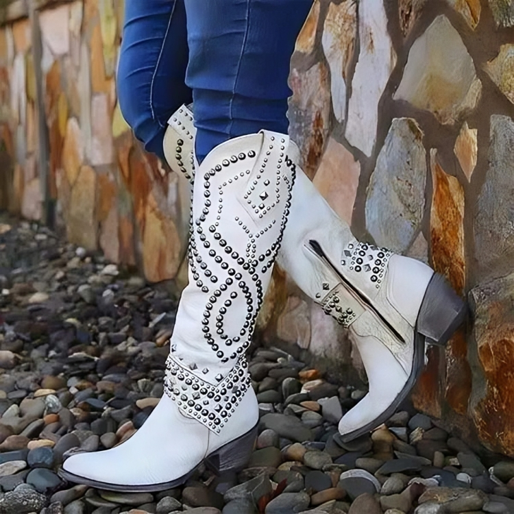 Kniehohe Damen Westernstiefel Mit Spitzer Zehe Und Nieten