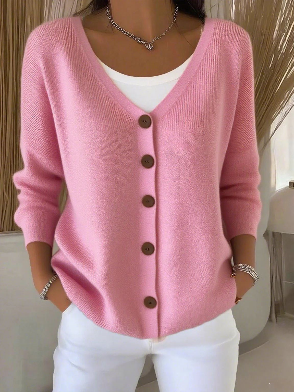 Damen Langarm Pullover Mit V Ausschnitt Und Knopfleiste