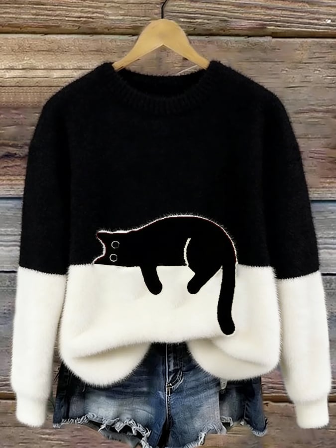 Damen Strickpullover mit Verspieltem Katzenmotiv