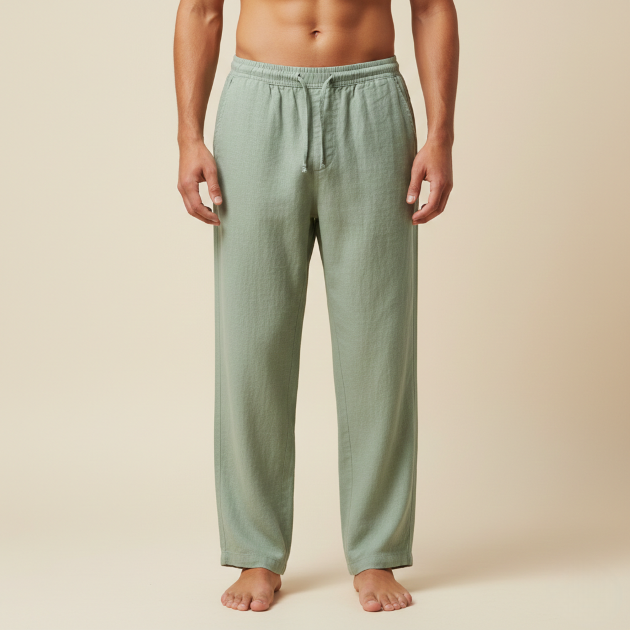 Herren Leinenhose Elastikbund Kordelzug Gerades Bein