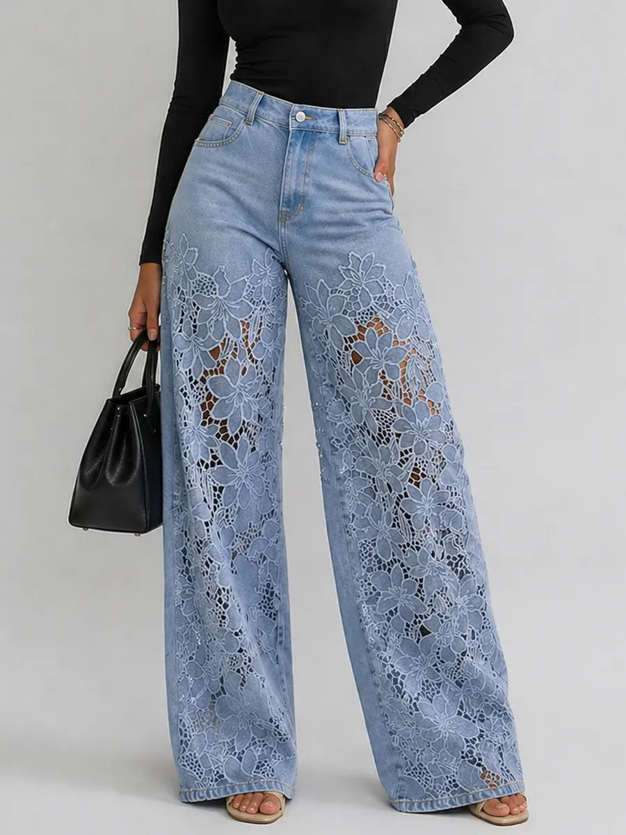 Jean large à taille haute avec empiècements en dentelle florale