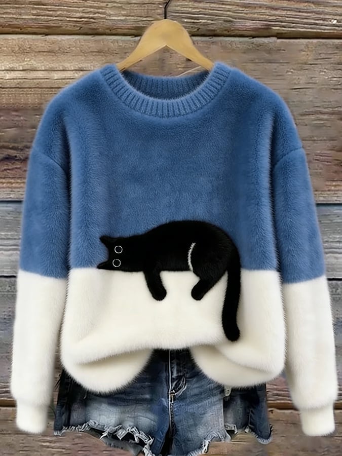Damen Strickpullover mit Verspieltem Katzenmotiv