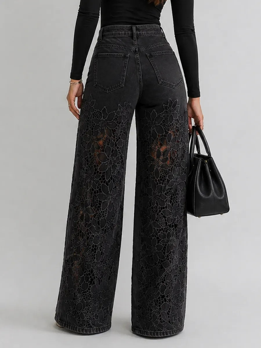 Jean large à taille haute avec empiècements en dentelle florale