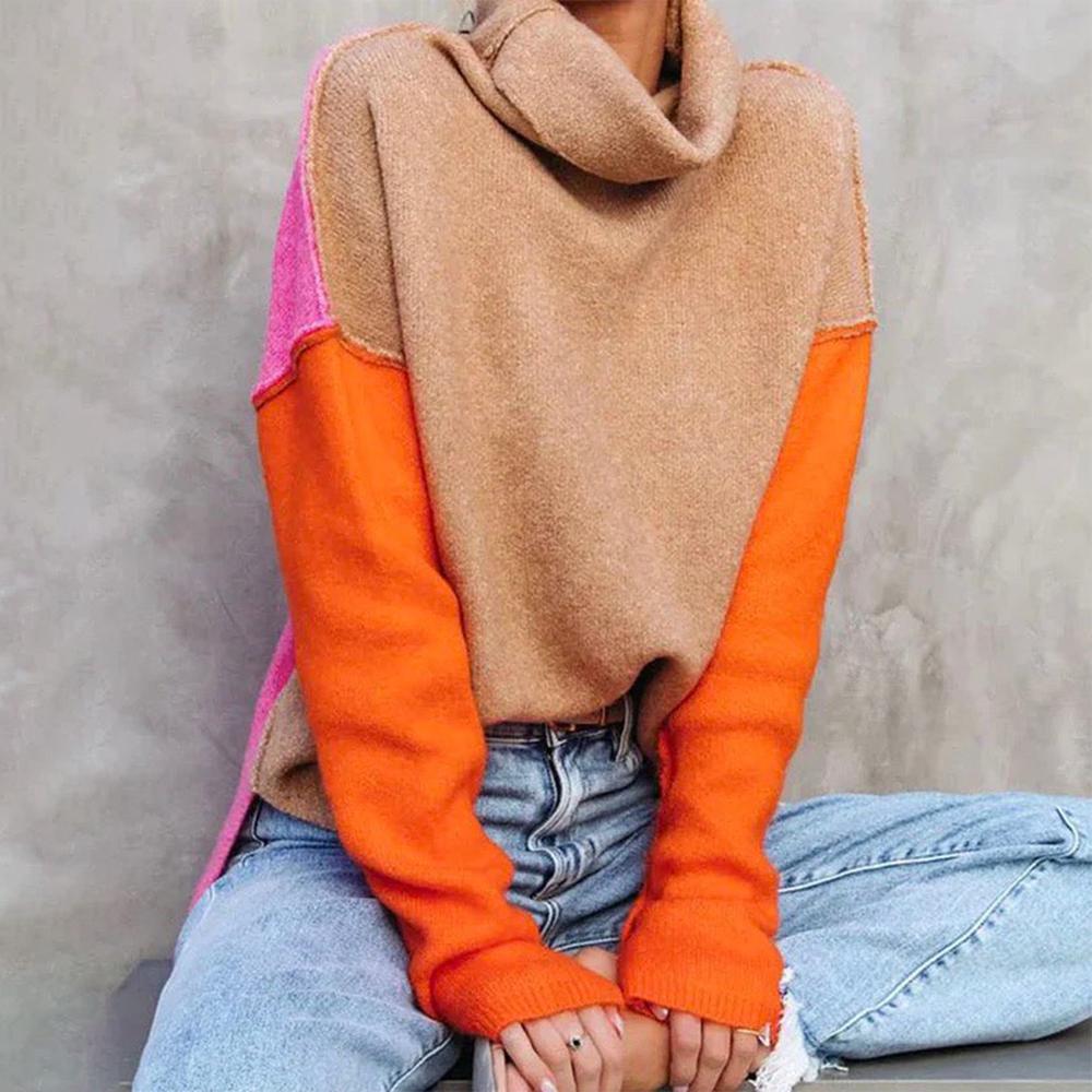 Damen Rollkragenpullover Im Farbblock Design
