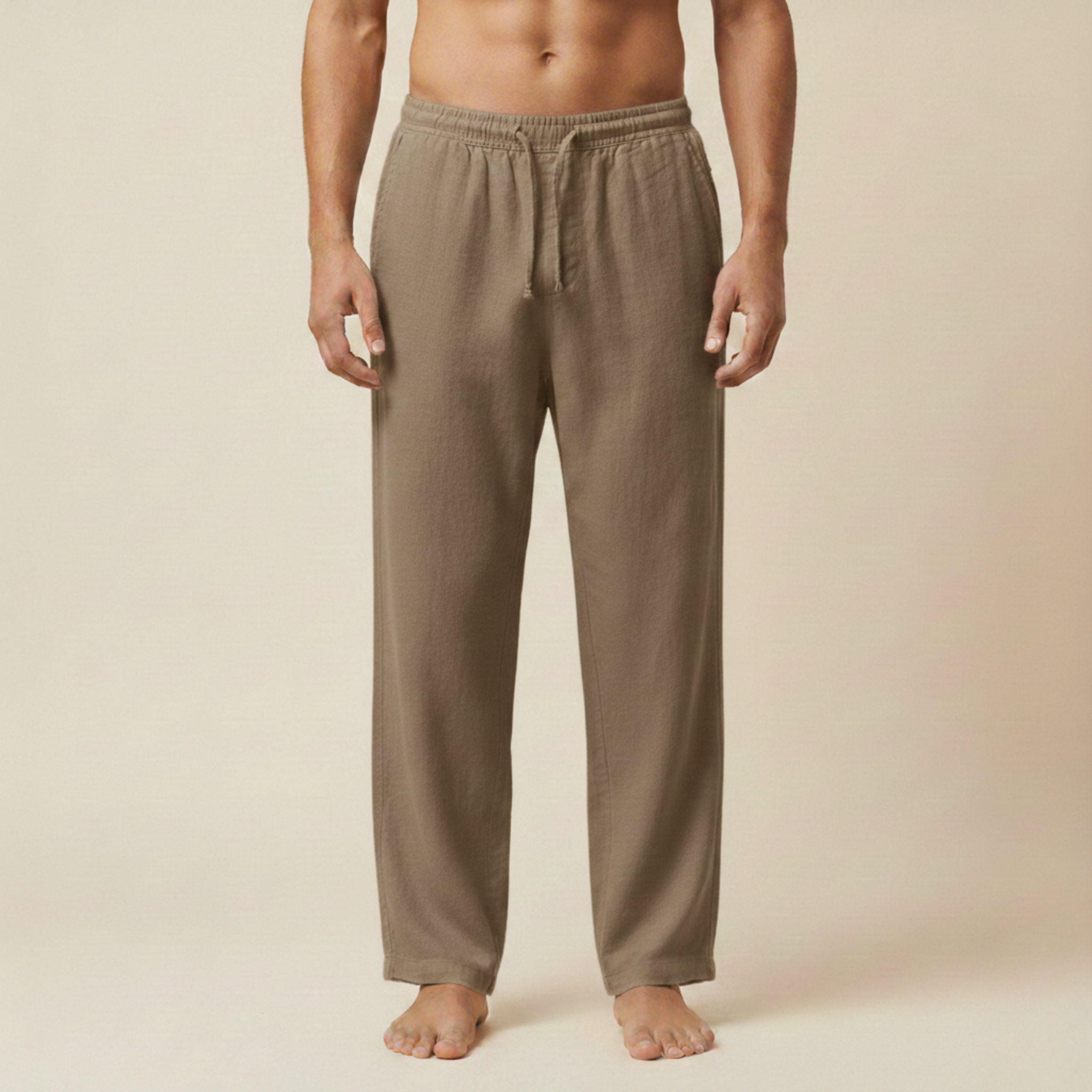 Herren Leinenhose Elastikbund Kordelzug Gerades Bein