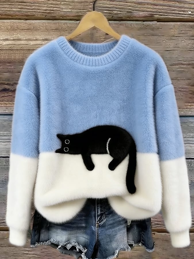 Damen Strickpullover mit Verspieltem Katzenmotiv