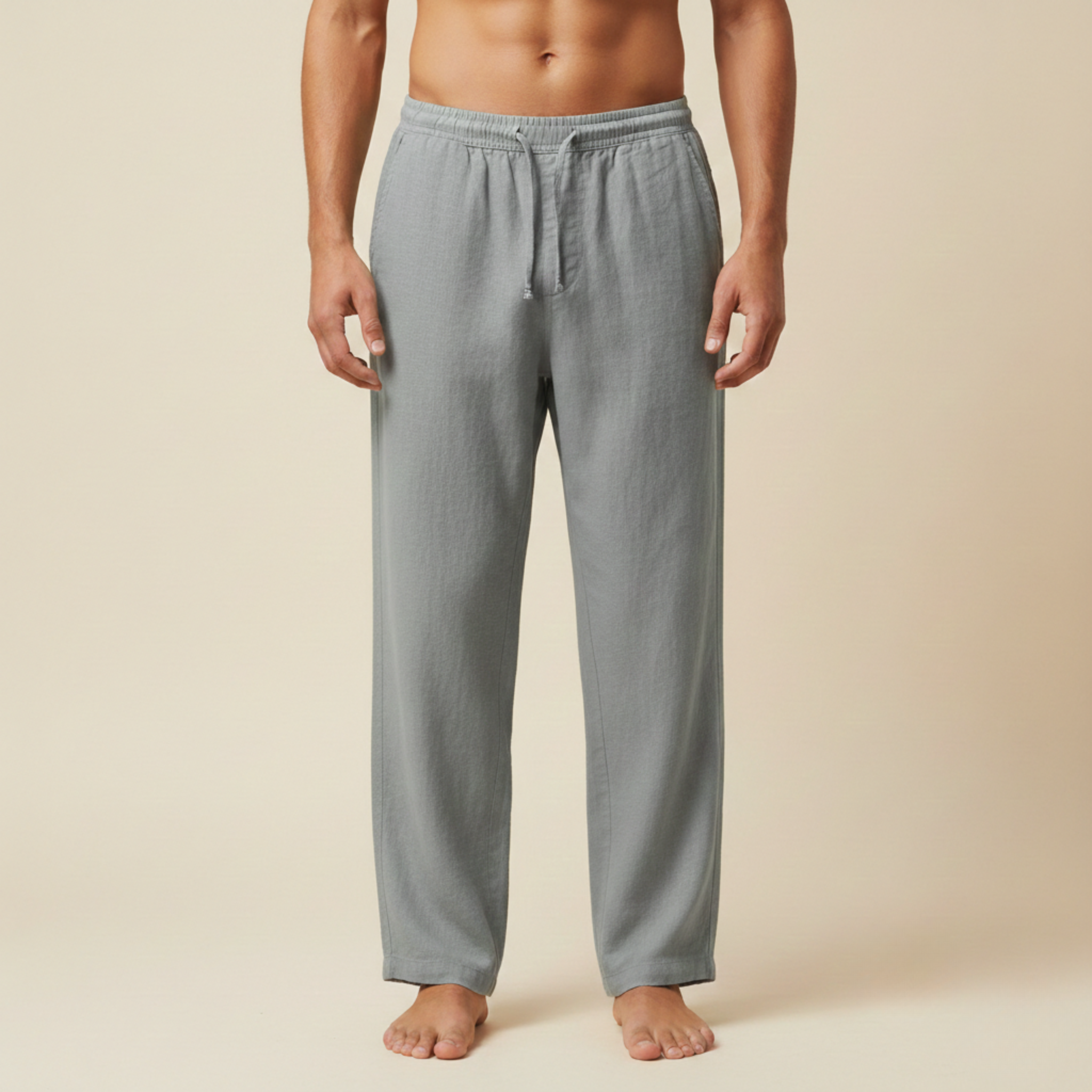 Herren Leinenhose Elastikbund Kordelzug Gerades Bein