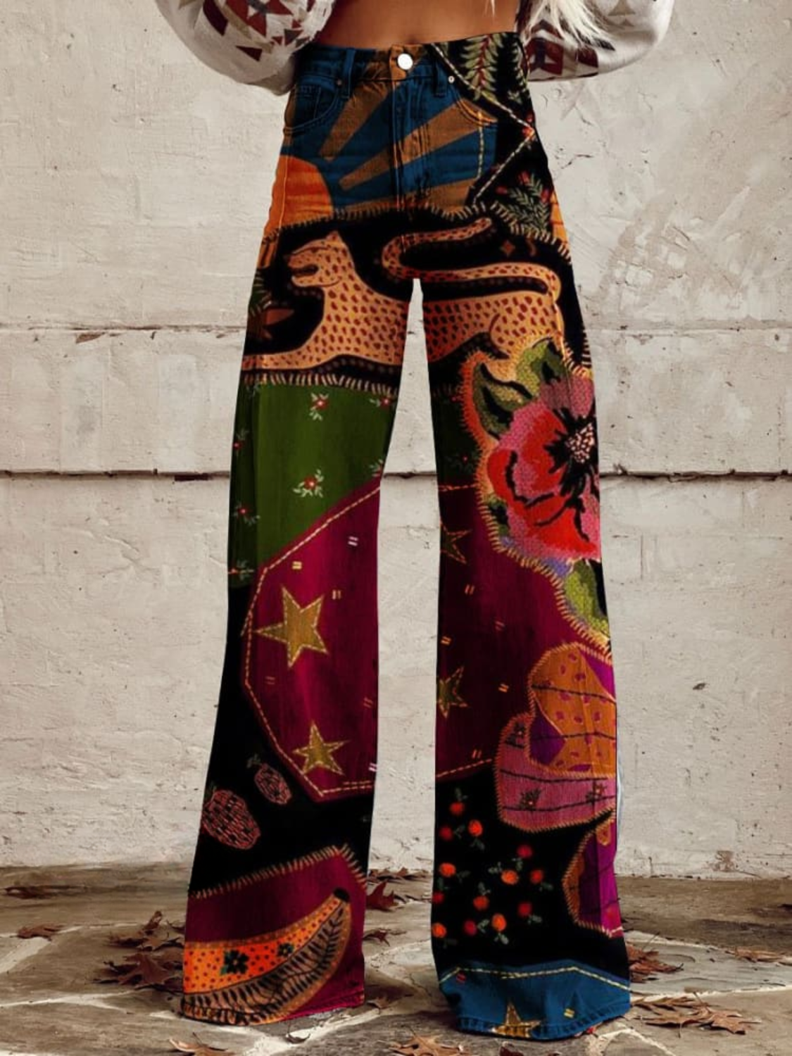 Weite Damenhose im Boho-Vintage-Stil mit fliessendem Schnitt