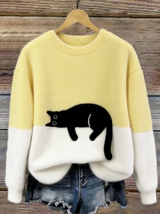 Damen Strickpullover mit Verspieltem Katzenmotiv