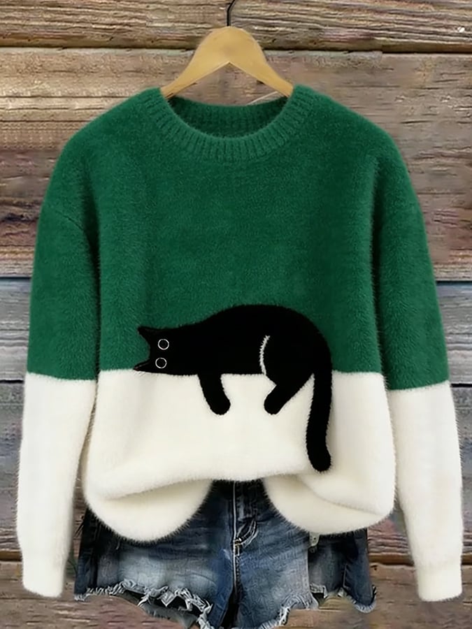 Damen Strickpullover mit Verspieltem Katzenmotiv