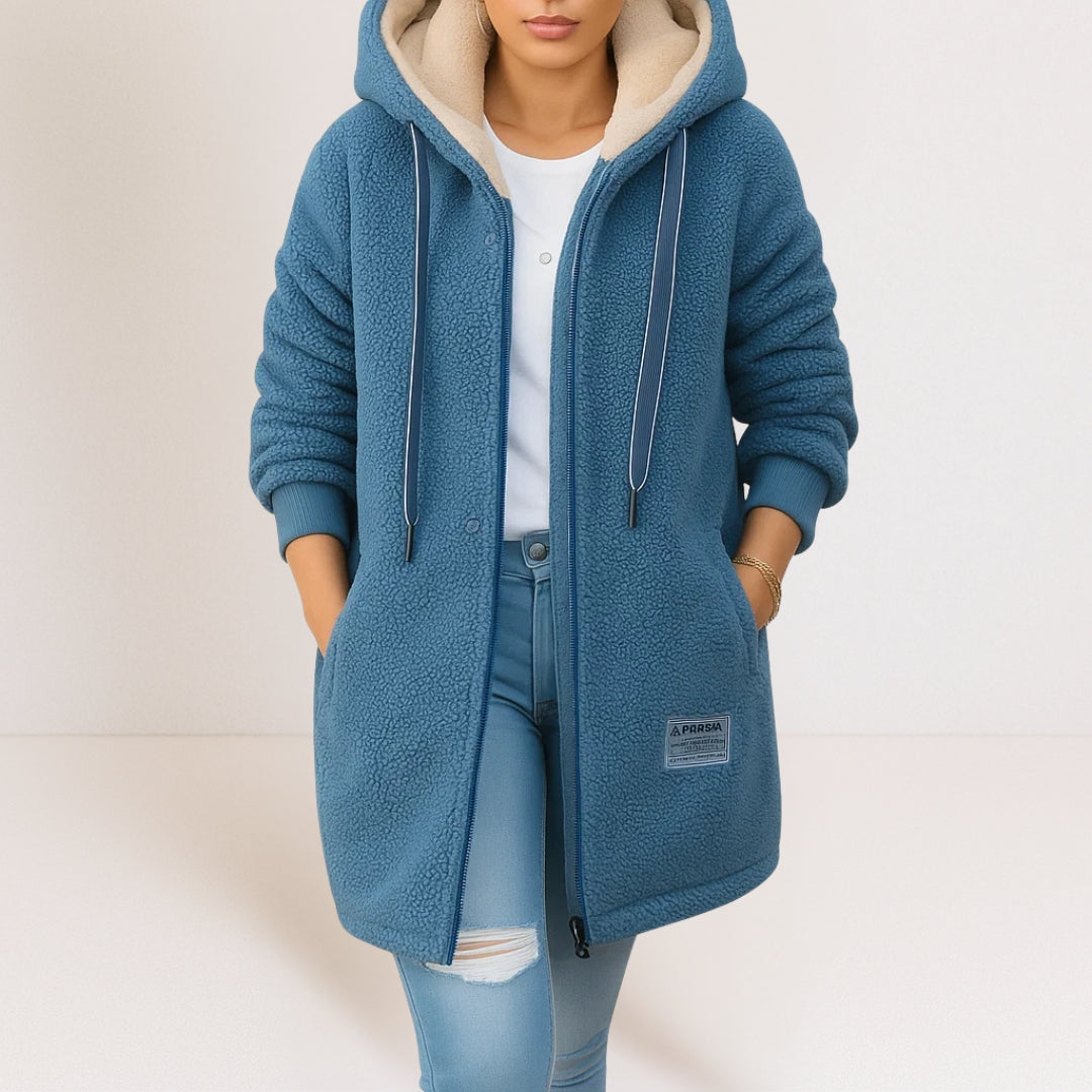 Lange Damen Sherpa Jacke mit Kapuze und Reißverschluss