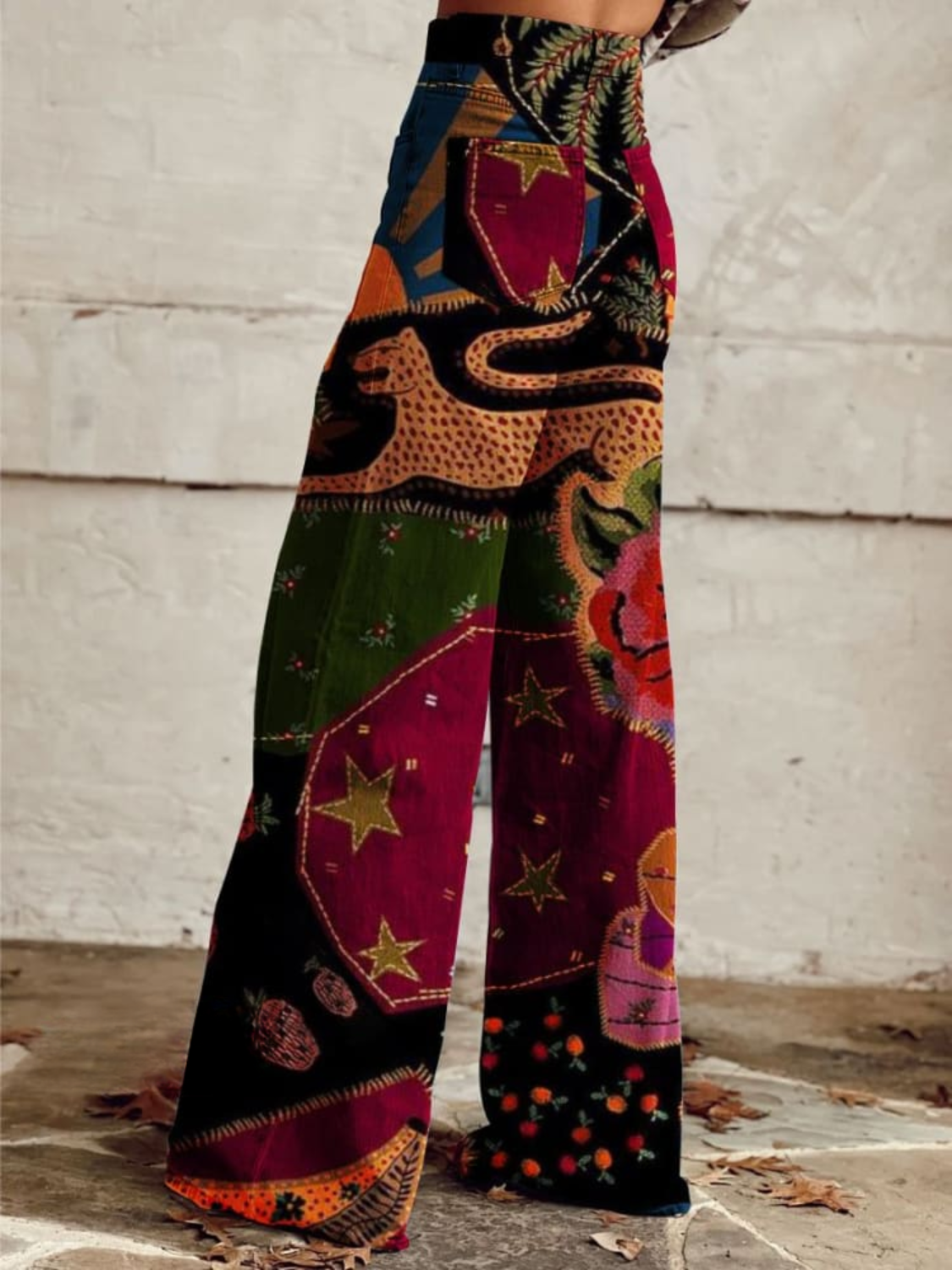 Weite Damenhose im Boho-Vintage-Stil mit fliessendem Schnitt