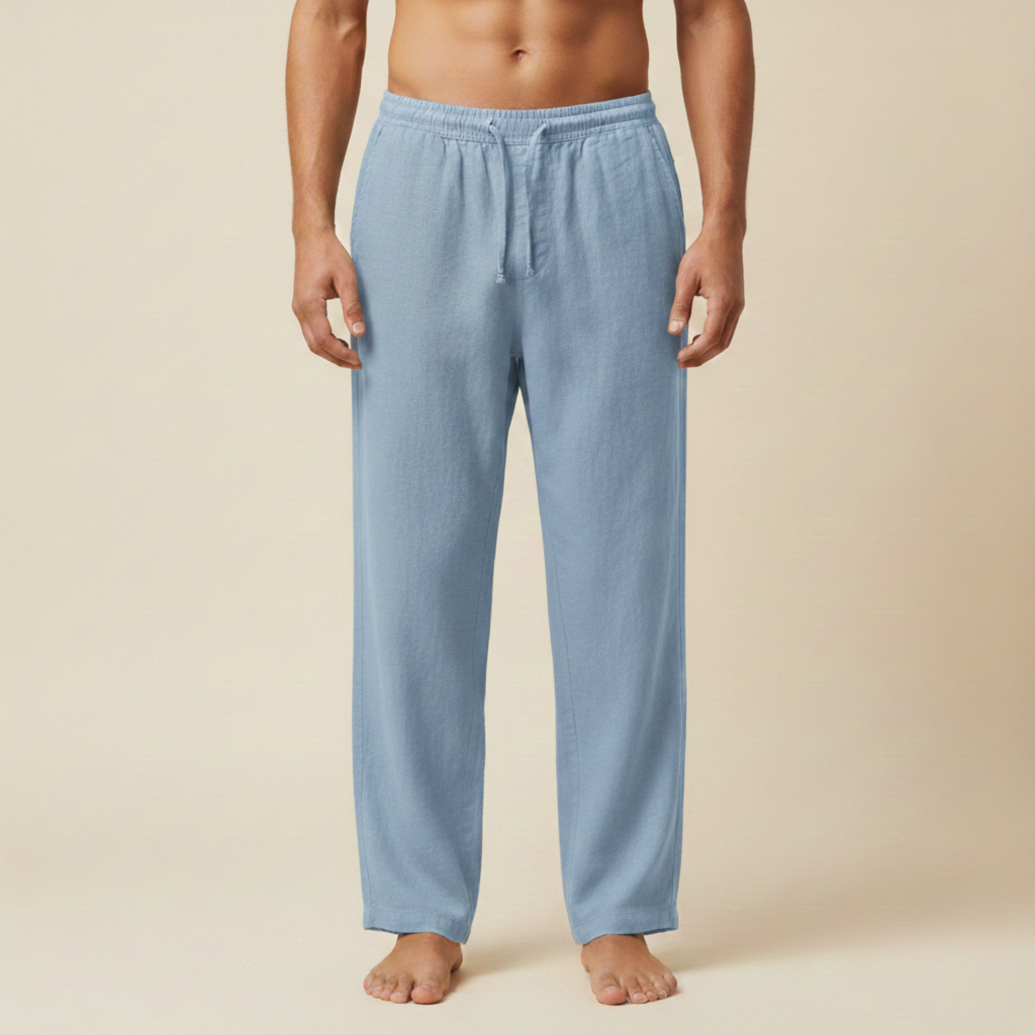 Herren Leinenhose Elastikbund Kordelzug Gerades Bein