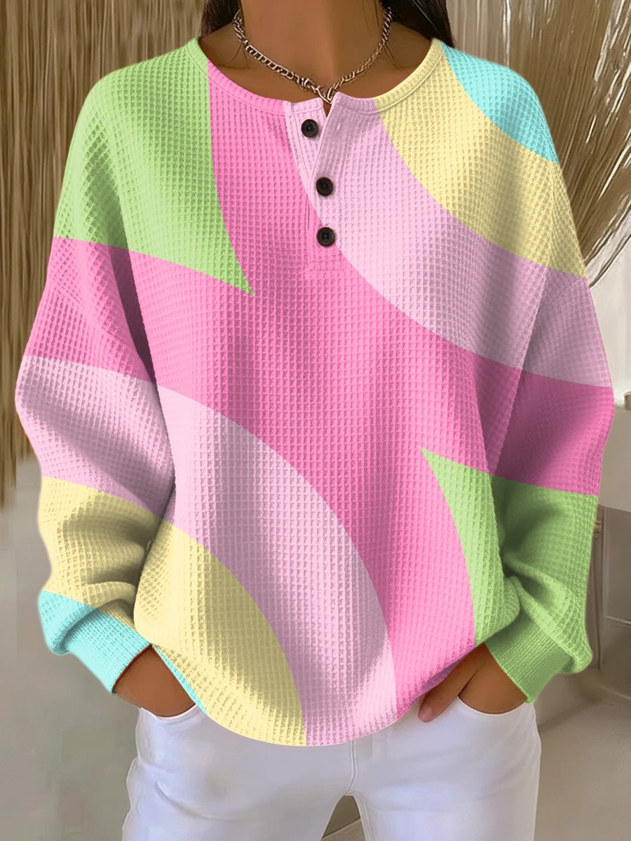 Oversize Waffelstrick Pullover Mit Henley Knopfleiste