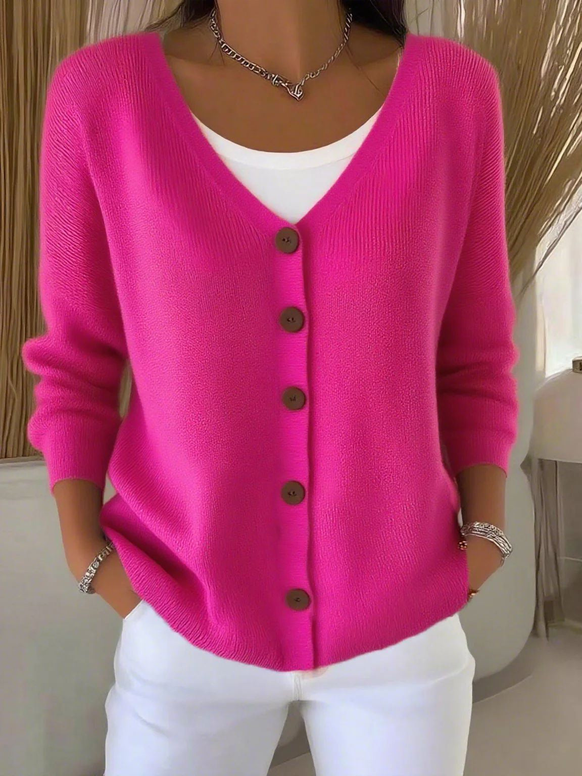 Damen Langarm Pullover Mit V Ausschnitt Und Knopfleiste
