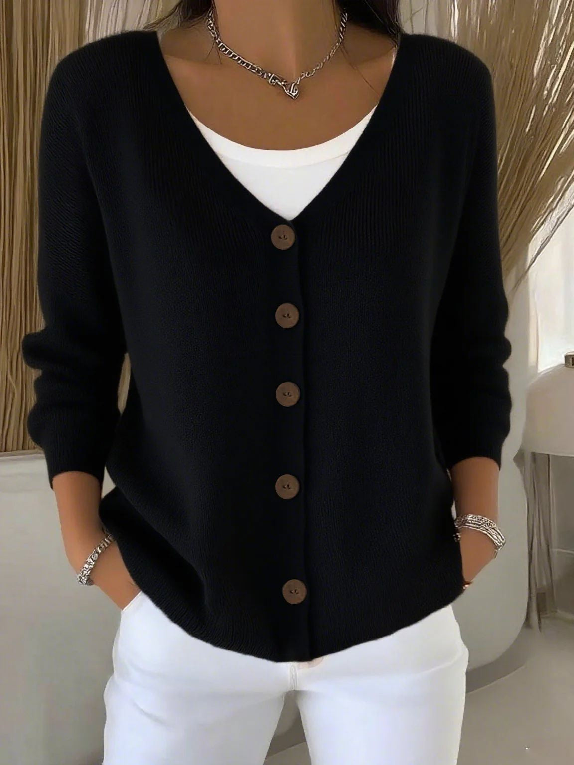 Damen Langarm Pullover Mit V Ausschnitt Und Knopfleiste