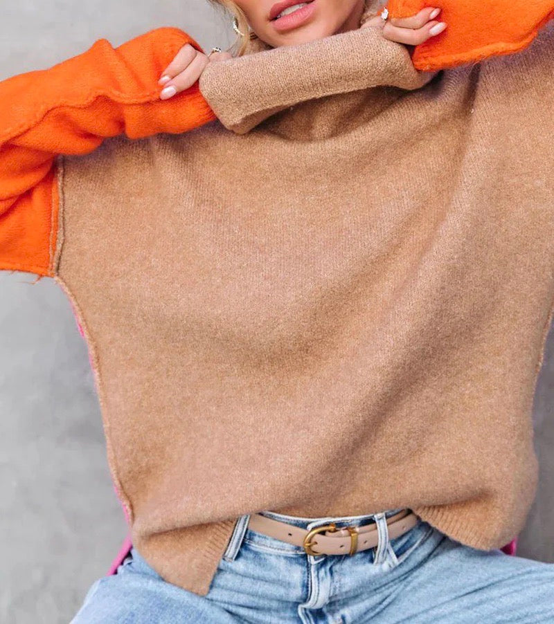 Damen Rollkragenpullover Im Farbblock Design