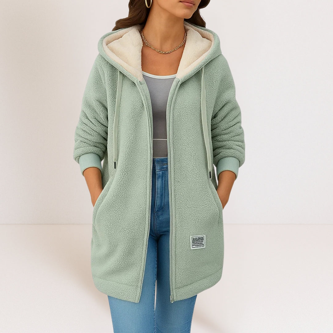 Lange Damen Sherpa Jacke mit Kapuze und Reißverschluss