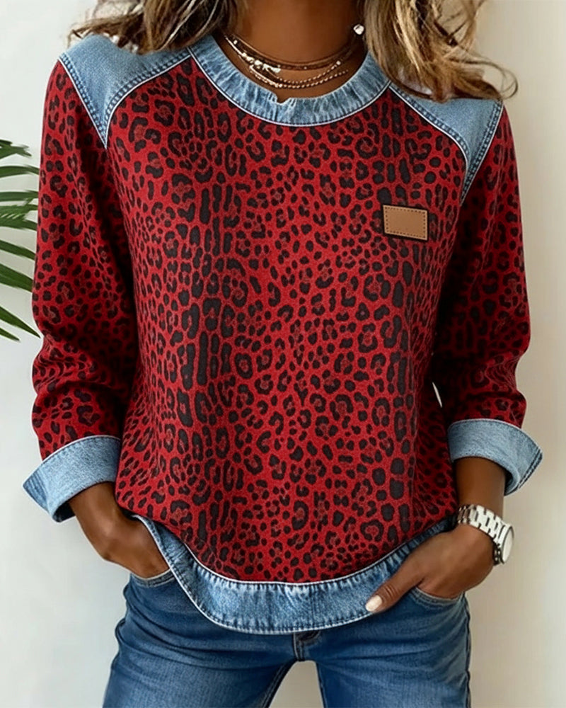 Damen Sweatshirt Mit Leopardenmuster Und Denim Patchwork