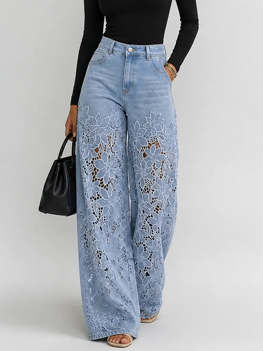 Jean large à taille haute avec empiècements en dentelle florale