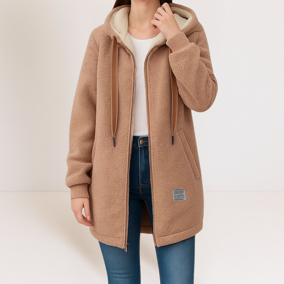Lange Damen Sherpa Jacke mit Kapuze und Reißverschluss