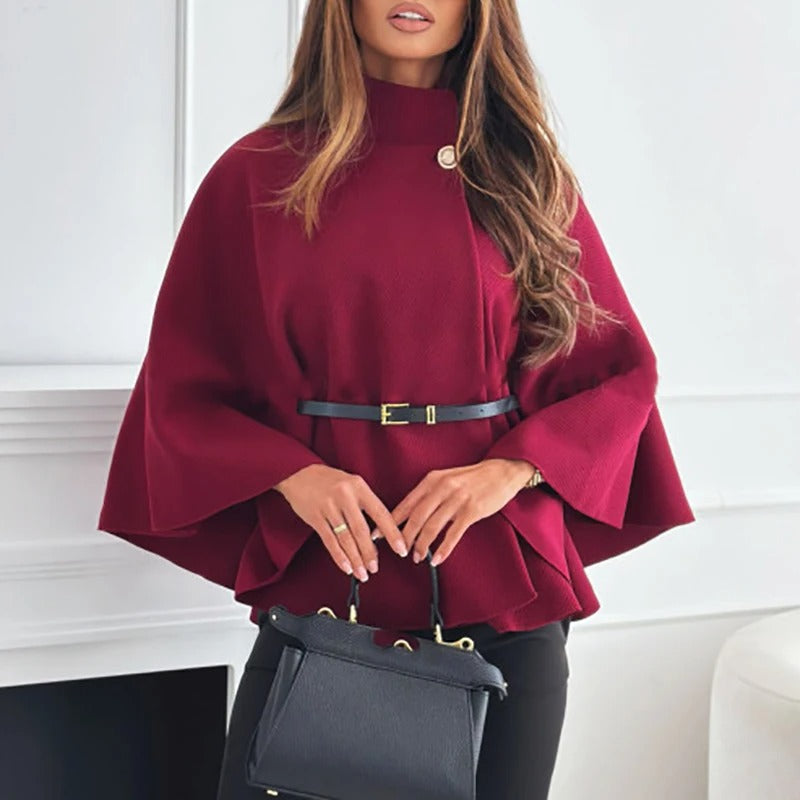 Weites Damen Cape mit Bindegürtel und Knopfdetail