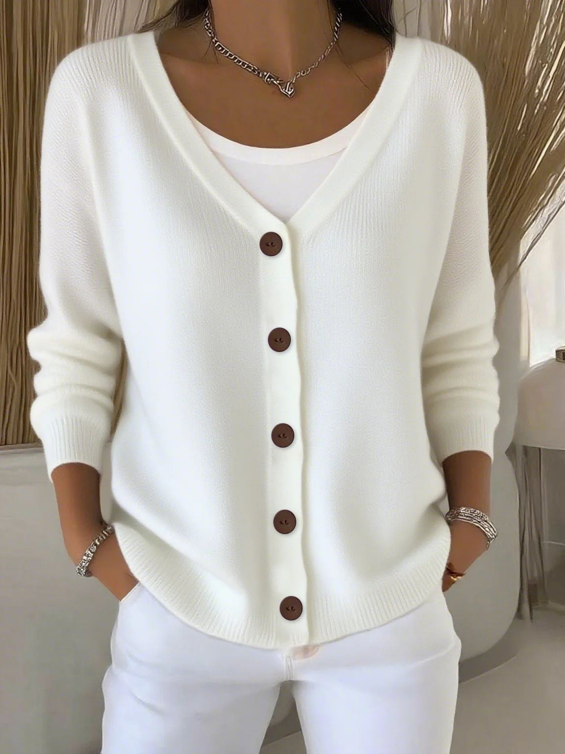 Damen Langarm Pullover Mit V Ausschnitt Und Knopfleiste