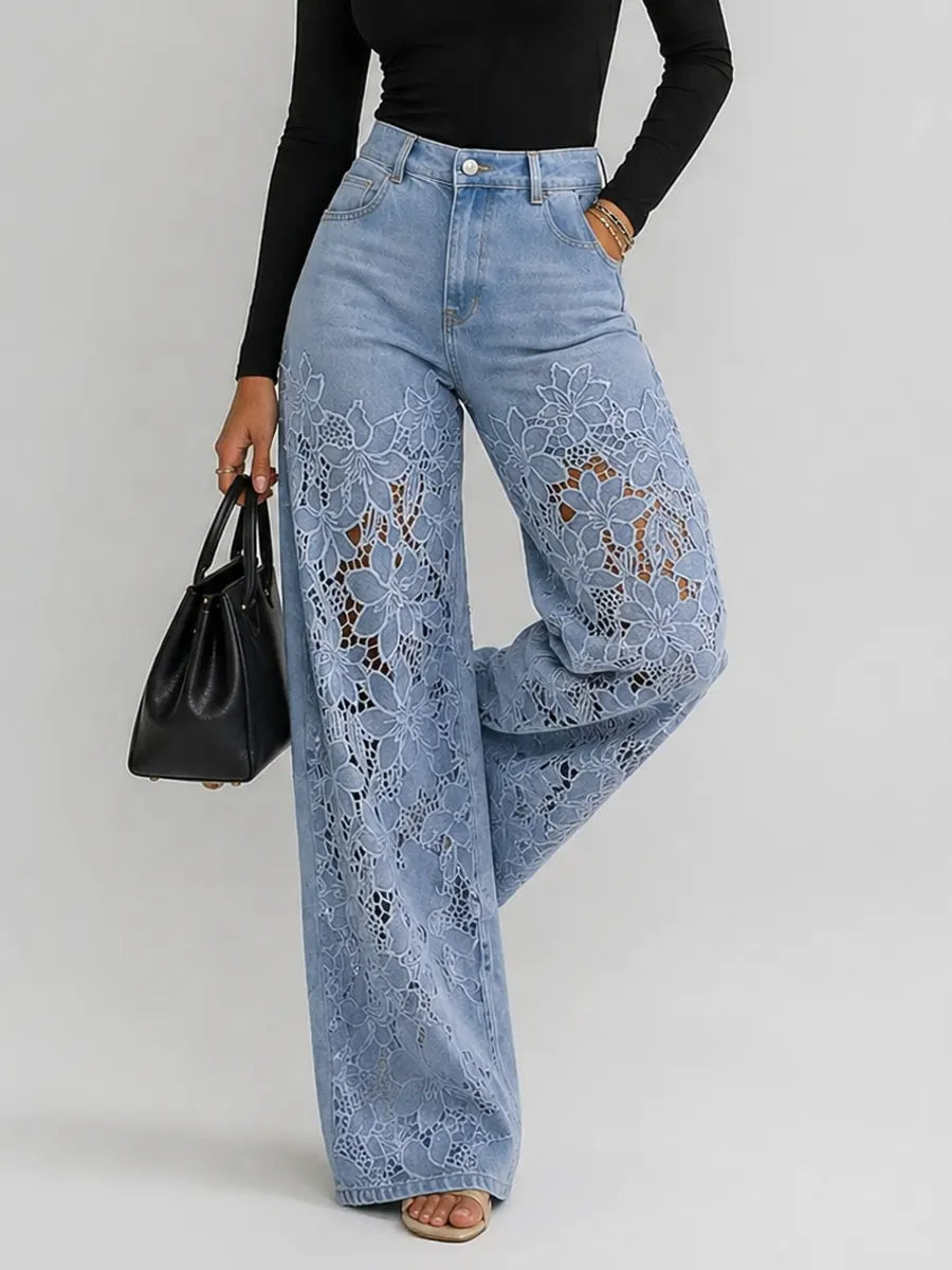 Jean large à taille haute avec empiècements en dentelle florale