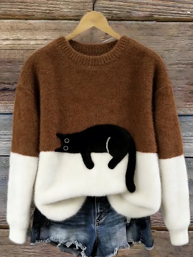Damen Strickpullover mit Verspieltem Katzenmotiv