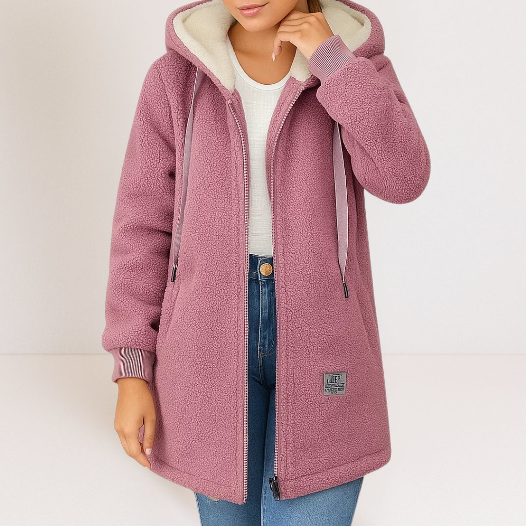 Lange Damen Sherpa Jacke mit Kapuze und Reißverschluss