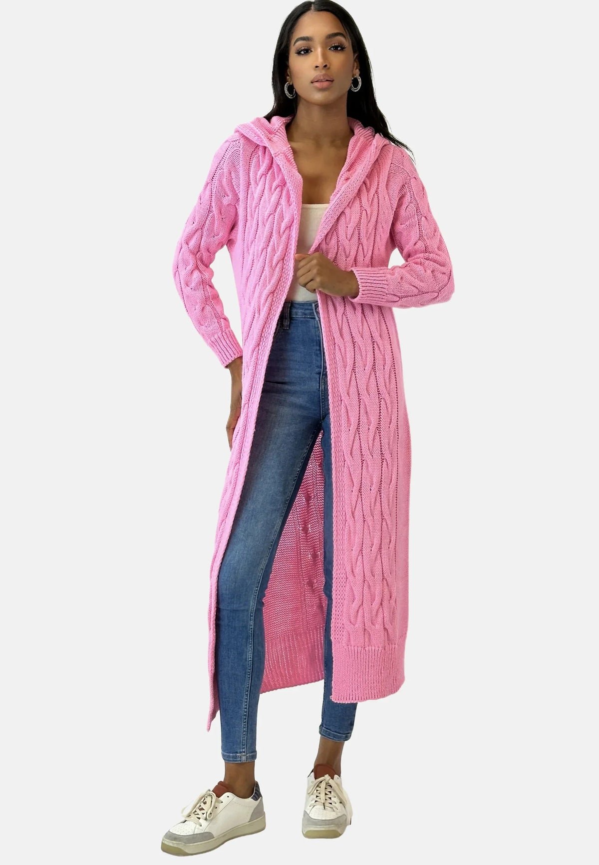 Lange Damen Strickjacke Mit Kapuze Und Struktur