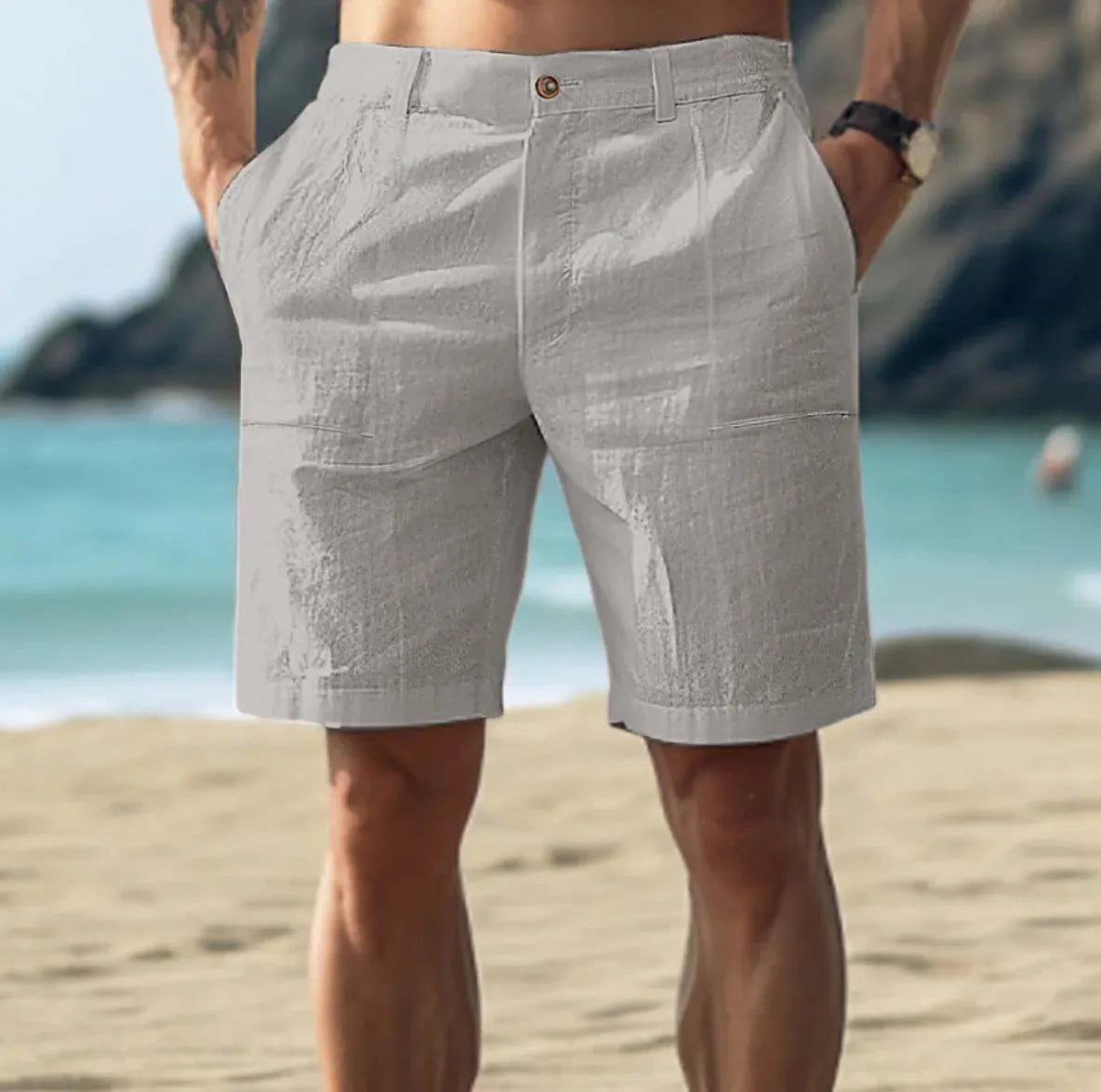 Herren Leinen-Shorts mit Kordelzug und Seitentaschen