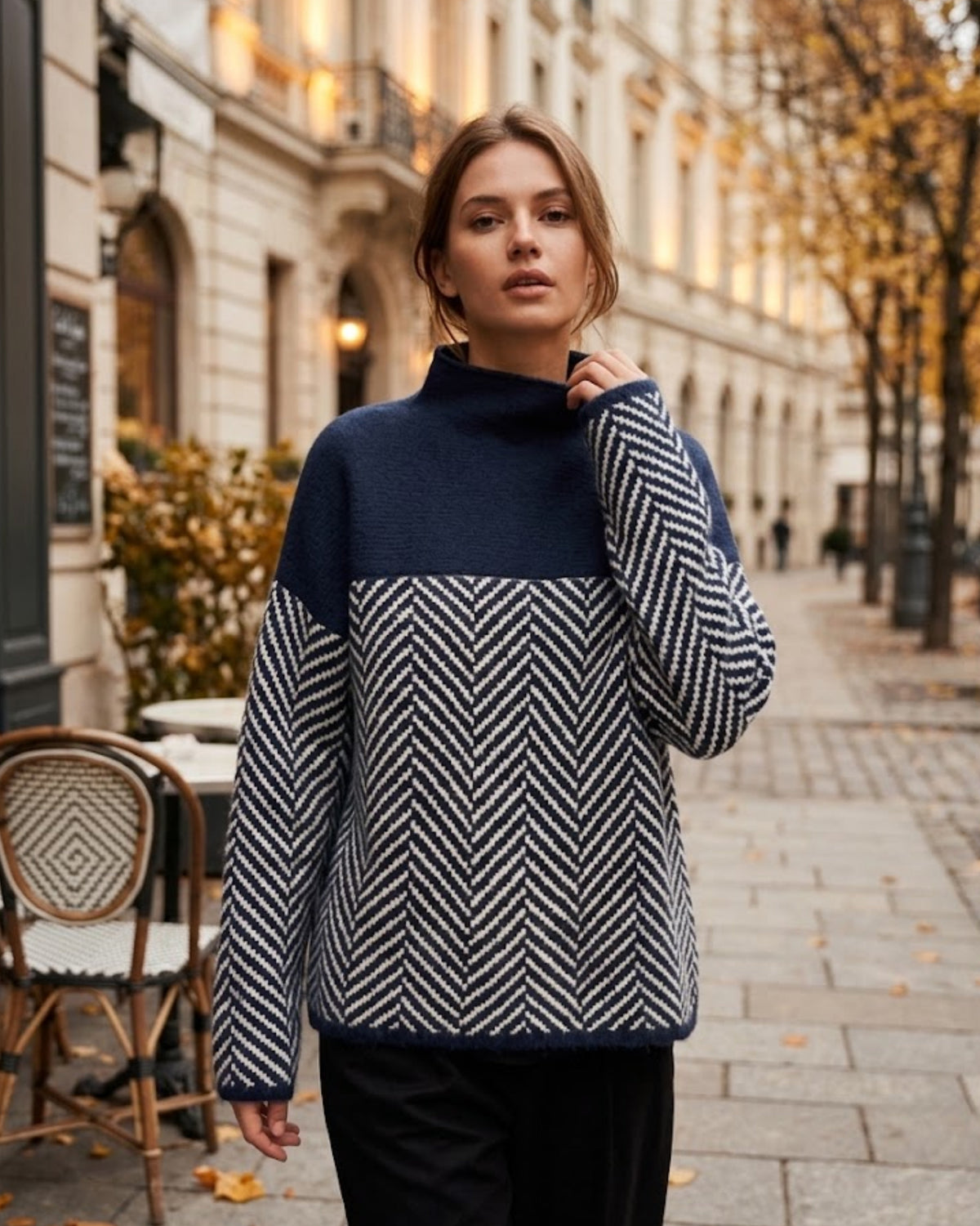 Damen Rollkragenpullover mit Fischgrätmuster und Weiter Passform