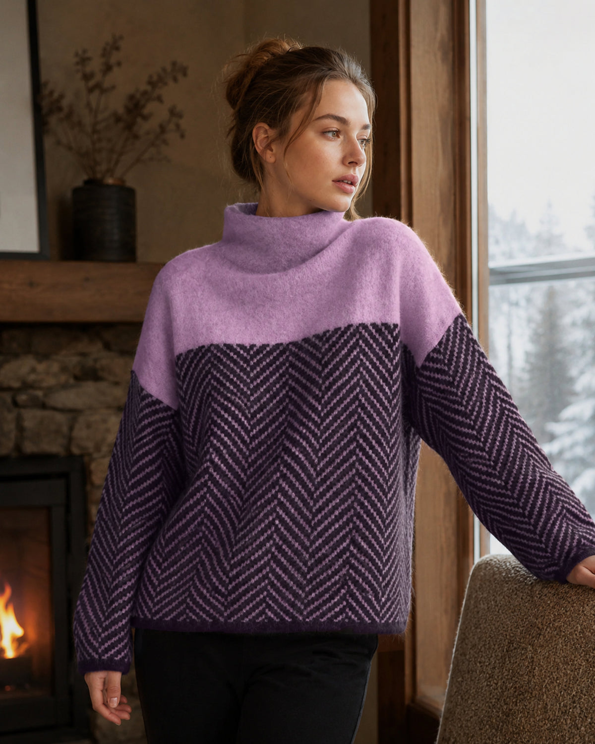 Damen Rollkragenpullover mit Fischgrätmuster und Weiter Passform