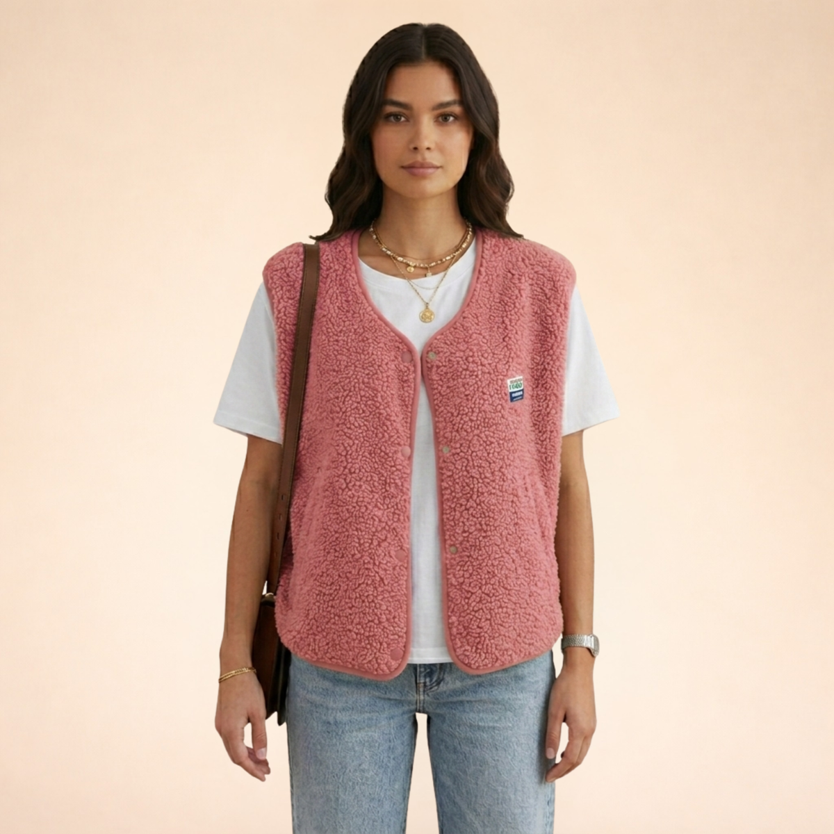 Damen Sherpa Fleece Weste mit Druckknöpfen