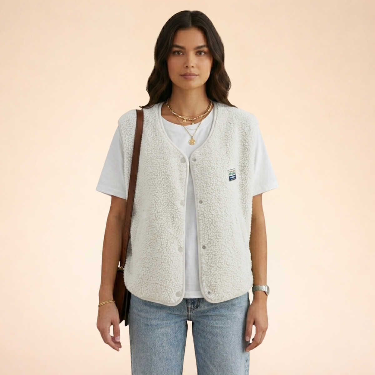Damen Sherpa Fleece Weste mit Druckknöpfen