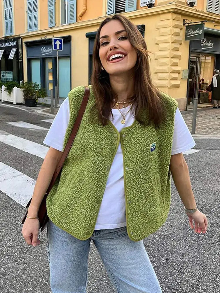 Damen Sherpa Fleece Weste mit Druckknöpfen